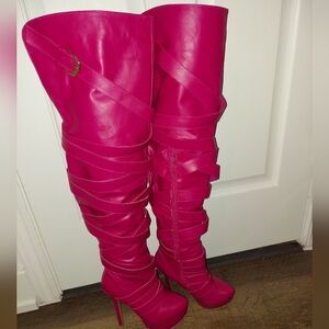 Women's hot pink platform, over the knee boots, with straps and buckle